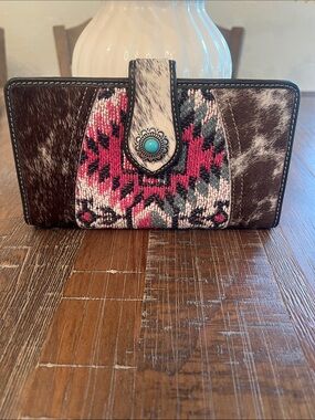 Cowhide Wallet with Pink and Turquoise Accent